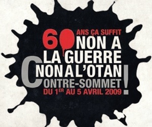 Svart splash med vit och röd text: "60 ans ca suffit. Non a la guerre, non a l'Otan Contre-sommet..."