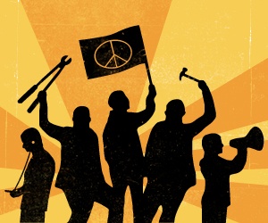 Grafik: Silhuetter av demonstranter mot en gul-orange soluppgång